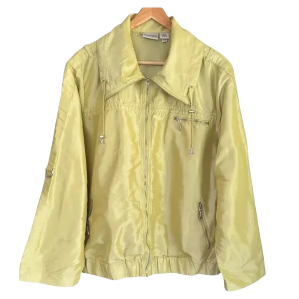 CHICO'S Shiny Light Green NYLON RAIN JACKET Windbreaker FULL ZIP Pockets SZ M/1